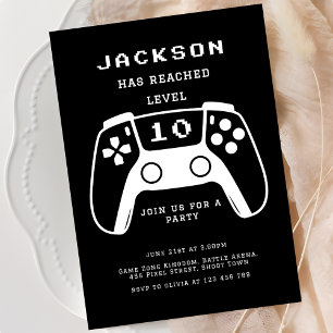 Modern Black Level Up Gamer Kids Birthday Party Invitation