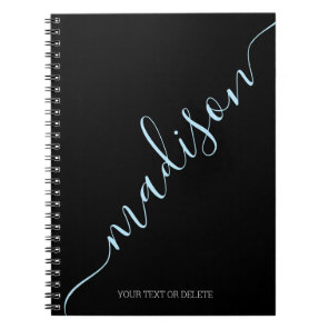 Modern Black Light Blue Name Monogram Initial Notebook