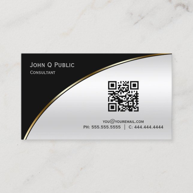 Modern Black Light Silver  QR Elegant Professional Business Card (Front)