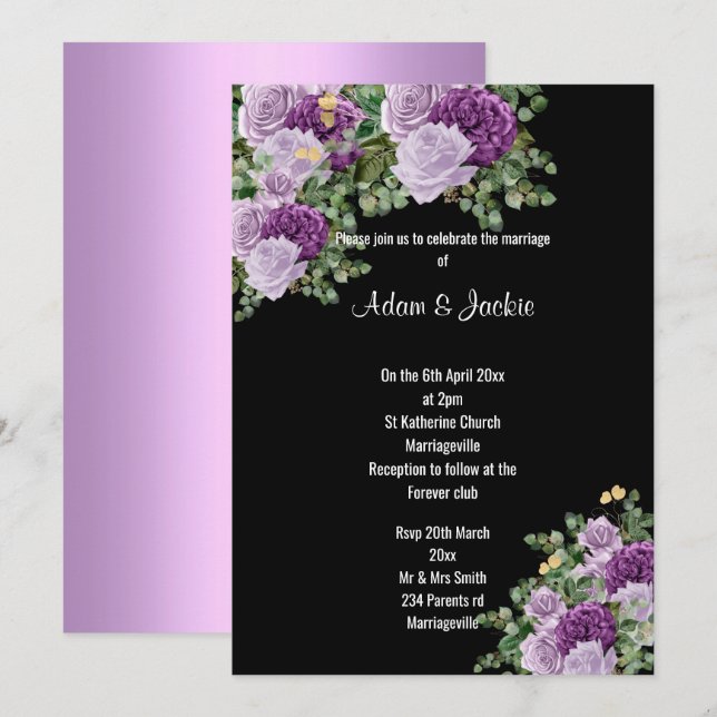Modern Black Lilac Purple floral ELEGANT WEDDING Invitation (Front/Back)