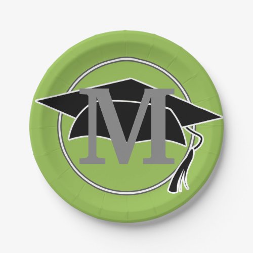 Modern Black Lime Green Graduation Cap Monogram Paper Plates