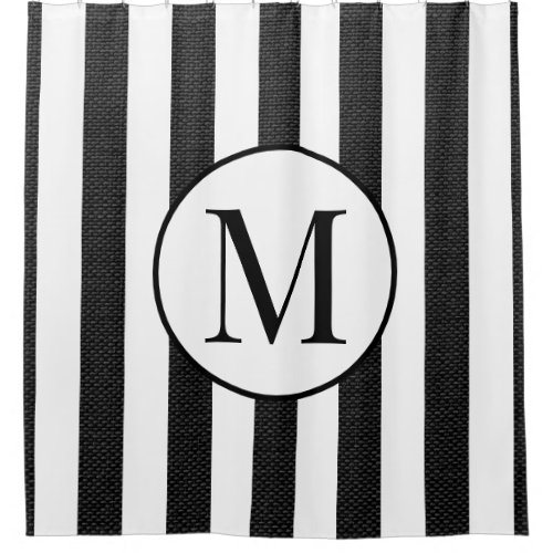 Modern Black Linen White Stripes Elegant Monogram Shower Curtain