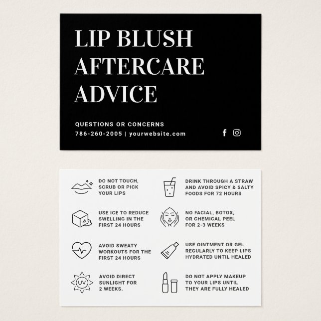Modern Black Lip Blush Lip Tattoo Aftercare Card (Front & Back)