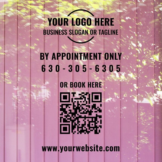 Modern Black Logo QR Code By Appointment Only Window Cling (Modern "By Appointment Only" business window cling in black with custom logo, QR code, phone number.)