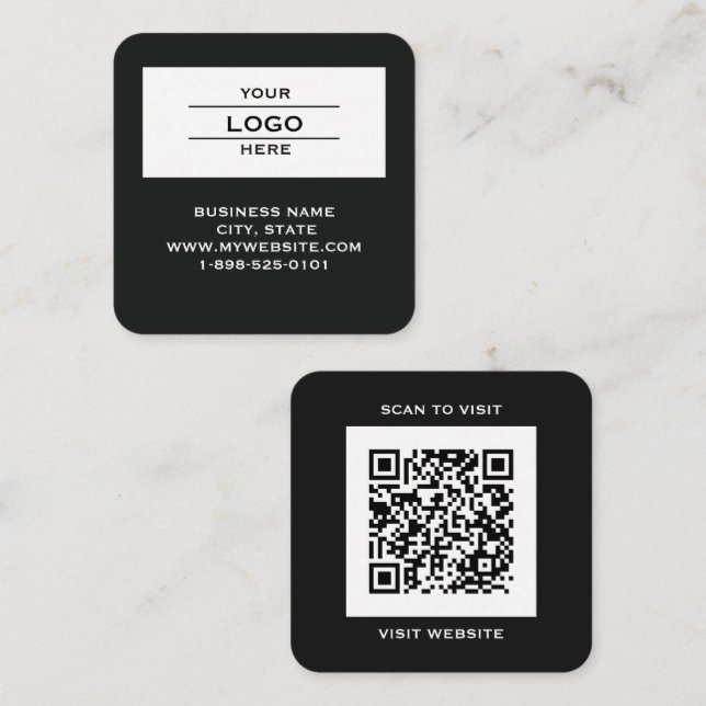 Modern Black Logo QR Code Scan Website Square  Business Card (Front/Back)