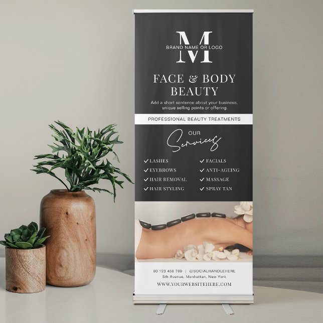 Modern Black Logo Salon Services Promotional Photo Retractable Banner (Modern black and white business logo and services marketing pull up banner - fully editable colors)