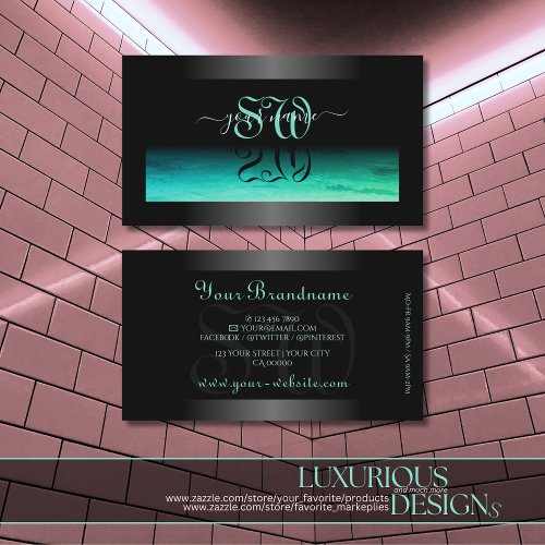 Modern Black Luminous Teal Patterned and Initials Business Card