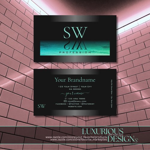 Modern Black Luminous Teal Patterned and Monogram Business Card