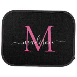 Modern Black Magenta Pink Monogram Feminine Script Car Floor Mat