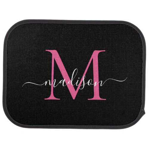 Modern Black Magenta Pink Monogram Feminine Script Car Floor Mat
