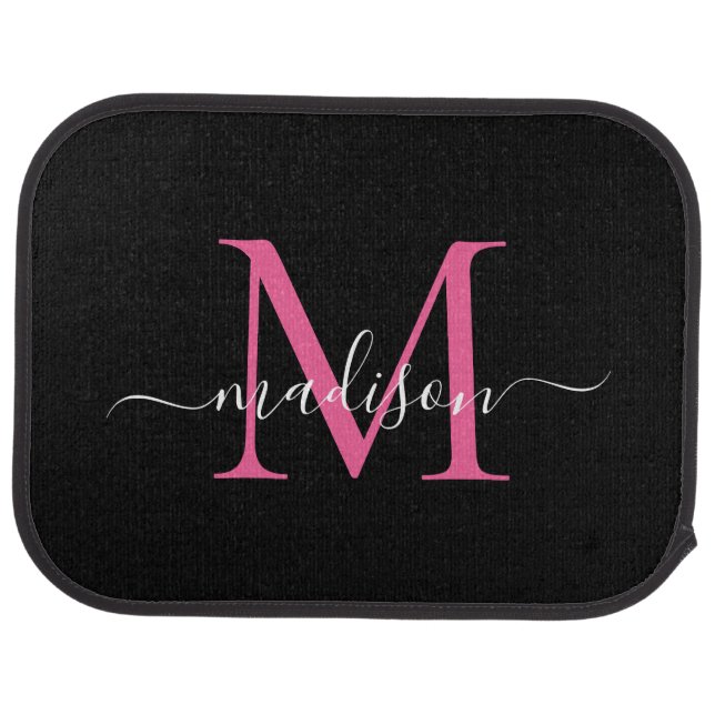 Modern Black Magenta Pink Monogram Feminine Script Car Floor Mat (Rear)