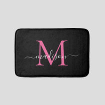 Modern Black Magenta Pink Monogram Script Elegant Bath Mat