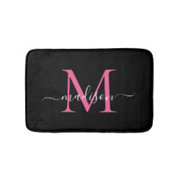 Modern Black Magenta Pink Monogram Script Elegant Bath Mat