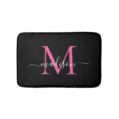 Modern Black Magenta Pink Monogram Script Elegant Bath Mat