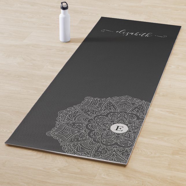 Modern Black Mandala Monogram Name Yoga Mat (In Situ)