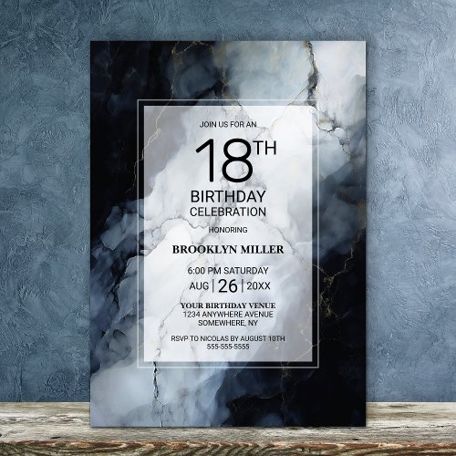 Modern Black Marble 18th Birthday Party Invitation