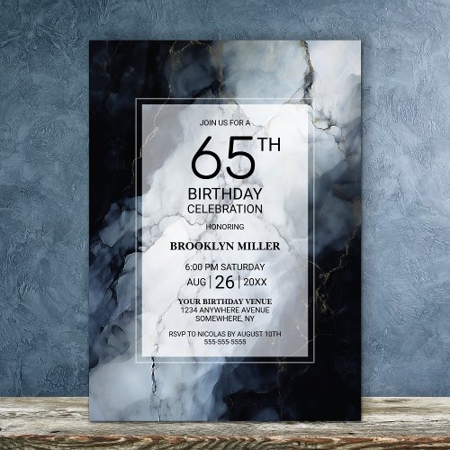 Modern Black Marble 65th Birthday Party Invitation