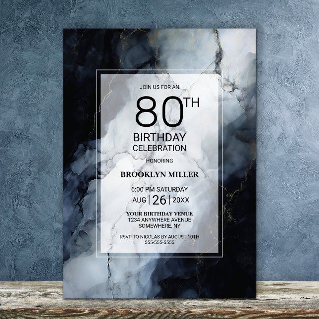 Modern Black Marble 80th Birthday Party Invitation (Creator Uploaded)