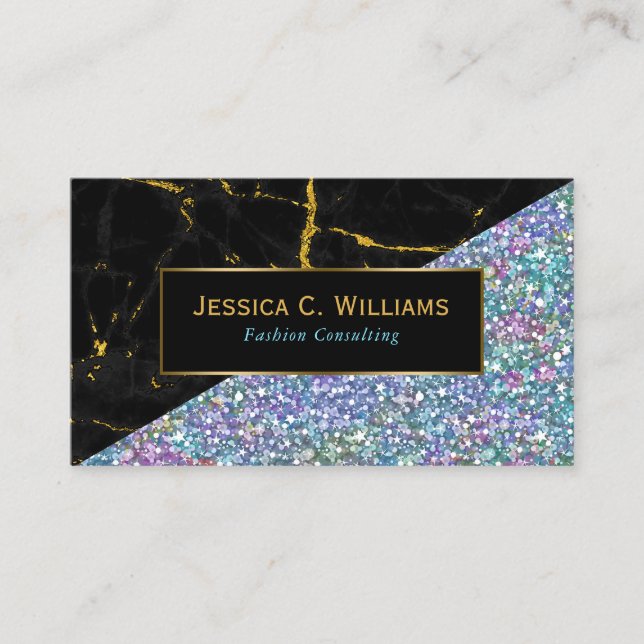 Modern Black Marble & Colorful Glitter Business Card (Front)