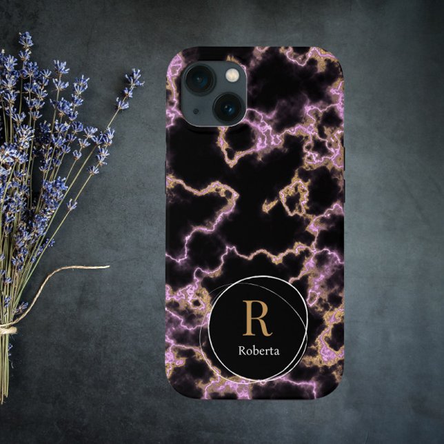 Modern black marble Custom Name Monogram Case-Mate iPhone Case (Creator Uploaded)