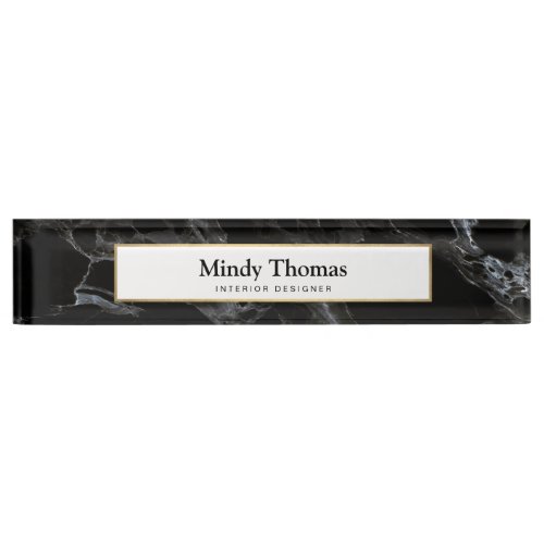 Modern Black Marble Faux Gold Frame Desk Name Plate