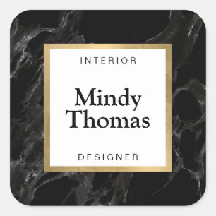 Modern Black Marble Faux Gold Frame Square Sticker