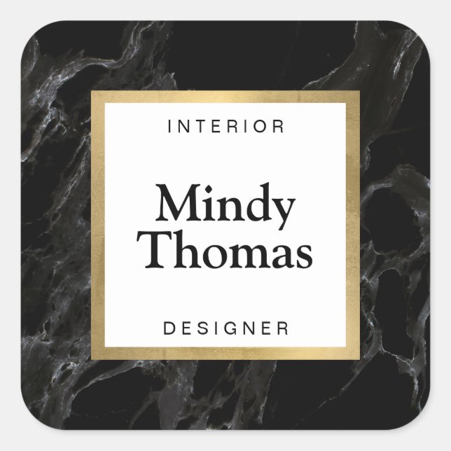 Modern Black Marble Faux Gold Frame Square Sticker (Front)