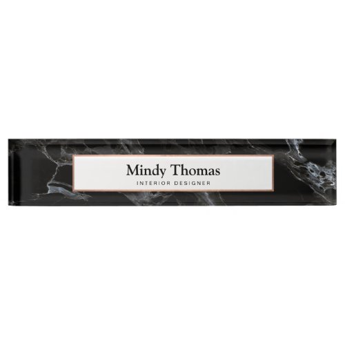 Modern Black Marble Faux Rose Gold Frame Desk Name Plate