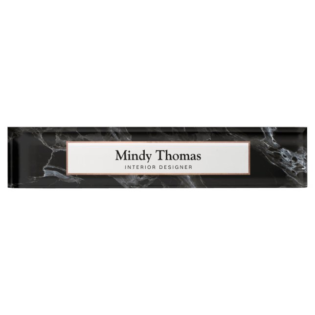 Modern Black Marble Faux Rose Gold Frame Desk Name Plate (Front)