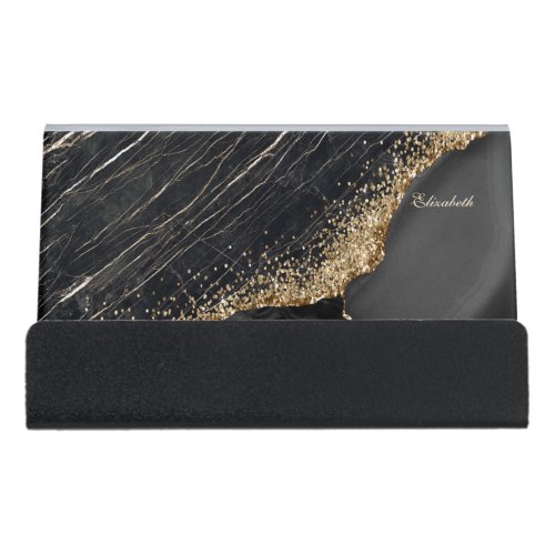 Modern Black Marble Gold Sequins  Desk Business Card Holder