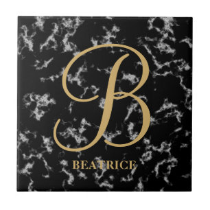 Modern black marble gold typography name monogram ceramic tile