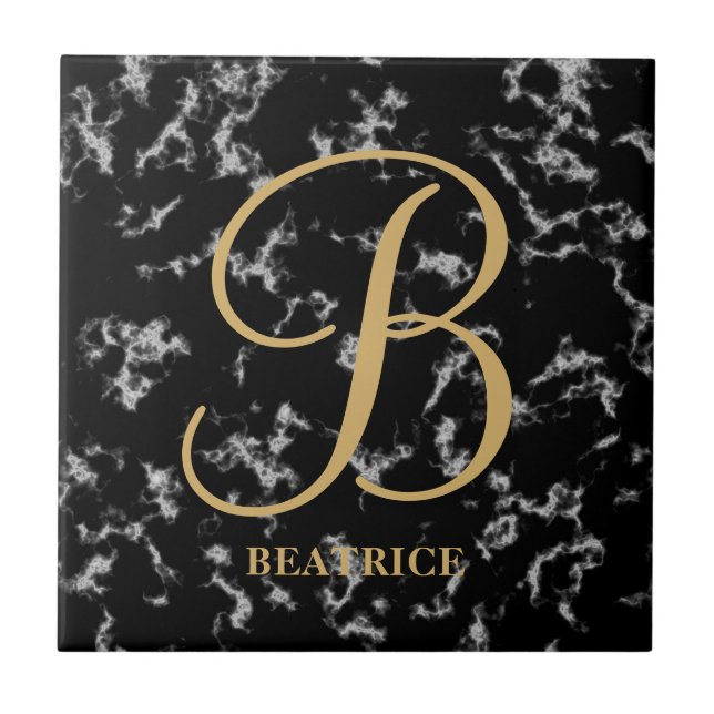 Modern black marble gold typography name monogram ceramic tile (Front)