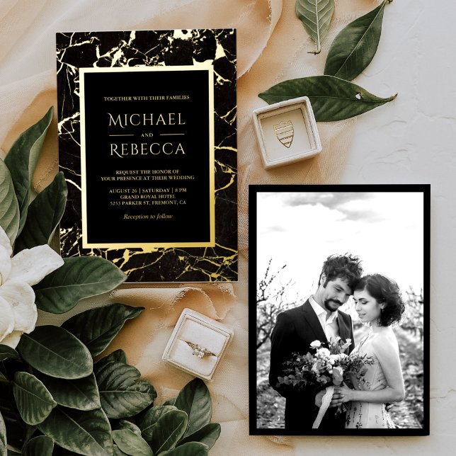 Modern Black Marble Photo Wedding Gold Foil Invitation (Creator Uploaded)