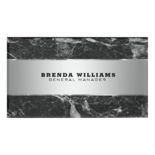 Modern Black Marble Silver Stripe Accent Name Tag