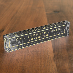 Modern Black Marble Stone Look Gold Title Desk Name Plate
