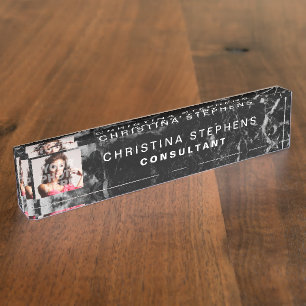 Modern Black Marble Stone Pattern Photo Desk Name Plate
