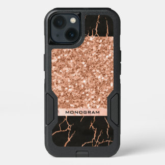 Modern Black Marble Stone & Rose-Gold Glitter iPhone 13 Case