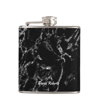 Modern Black Marble Stone Texture Custom Name Flask by fotoplus at Zazzle
