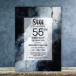 Modern Black Marble Surprise 55th Birthday Party Invitation