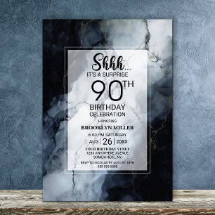 Modern Black Marble Surprise 90th Birthday Party Invitation