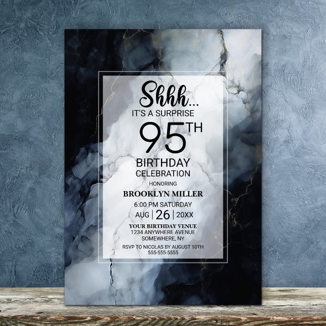 Modern Black Marble Surprise 95th Birthday Party Invitation (Creator Uploaded)