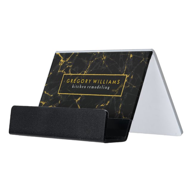 Modern Black Marble Texture With Gold Accents Desk Business Card Holder (Angled Front)