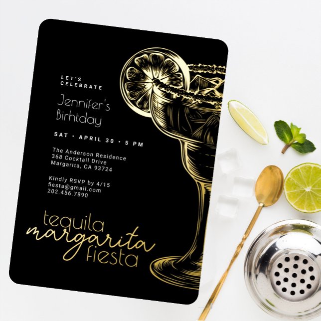 Modern Black Margarita Fiesta Birthday Party Foil Invitation (Creator Uploaded)