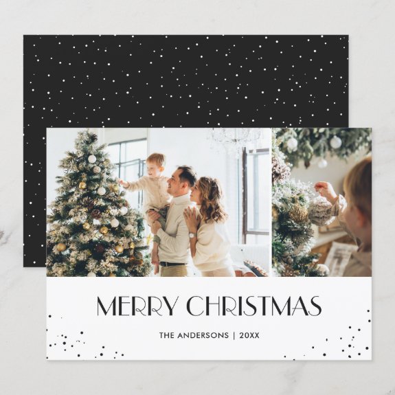 Modern Black Merry Christmas Snow 2 Photo Card