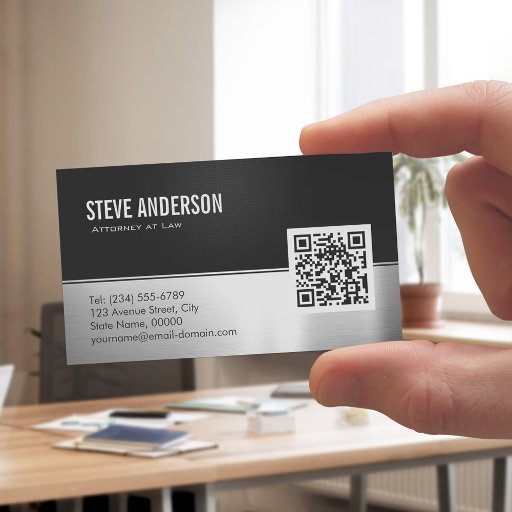 Customizable Attorney Lawyer Modern Black Metal Silver QR Code Double-Sided Standard Business Cards (Pack Of 100)