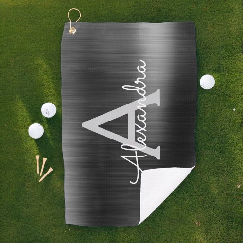 Modern Black Metallic Foil Monogram Name Golf Towel