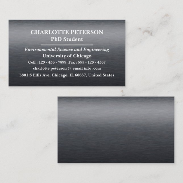 Modern Black Metallic PhD or Graduate Student Business Card (Front/Back)