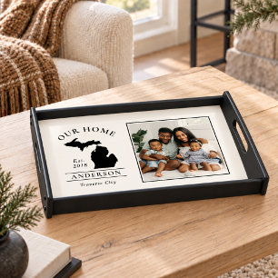 Modern Black Michigan Our Home Family Photo Serving Tray