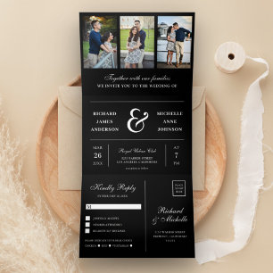 Modern Black Minimal 3 in 1 Photo Collage Wedding Tri-Fold Invitation