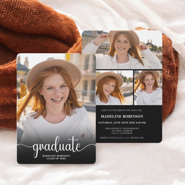 Modern Black minimal 4 Photo script  Graduation Invitation (Modern Black minimal 4 Photo script Graduation Invitation)